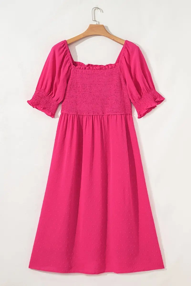 Sachet Pink Swiss Dot Smocked Frilled Neckline Plus Size Dress - Love Salve
